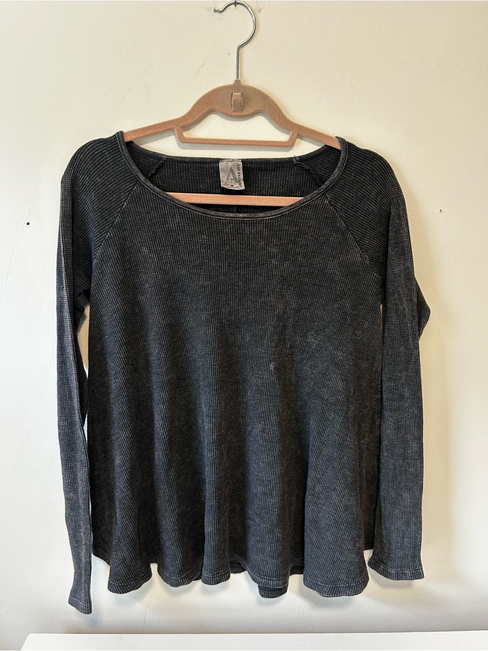 American Age Long Sleeve Waffle-Knit Top in Charcoal